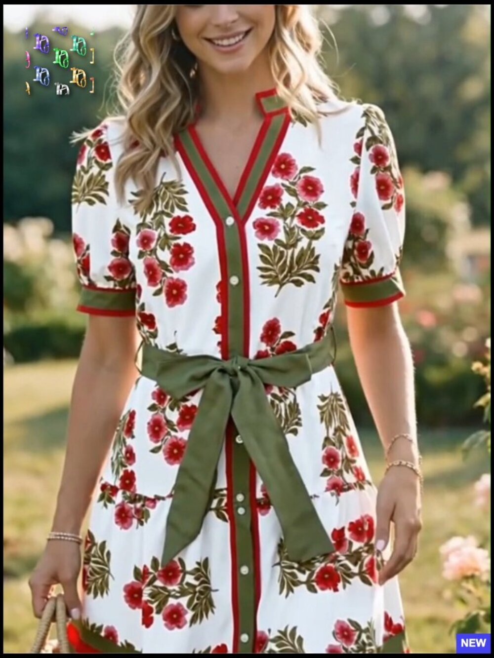 Floral Mini Dress Puff Sleeve V Neck Button Down Boho Casual Loose Fit - Picture 6 of 7